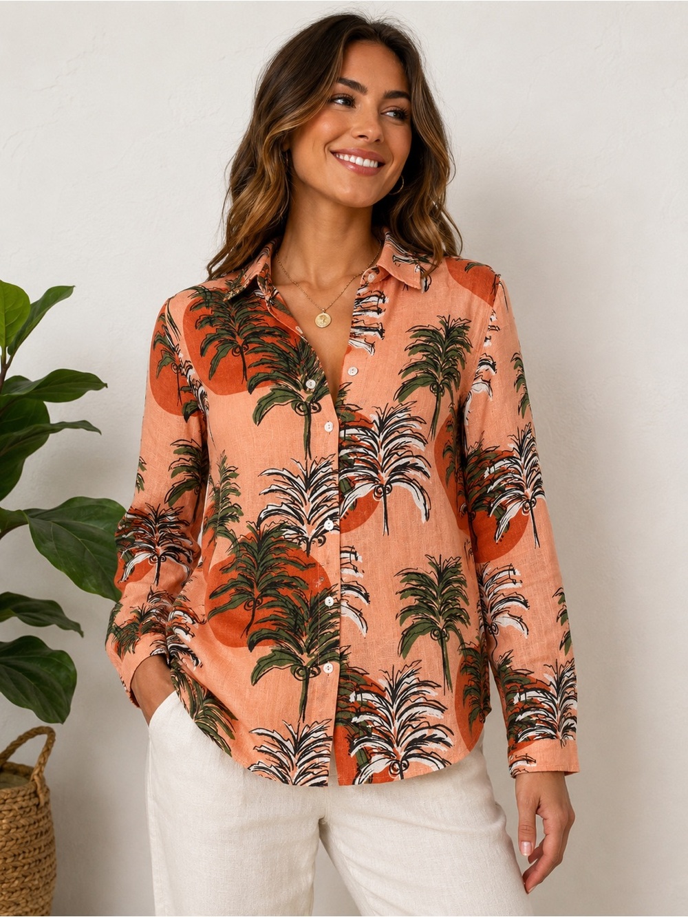 Nicole Miller 100% Linen Palm Tree Tropical Button Front Shirt Size Small